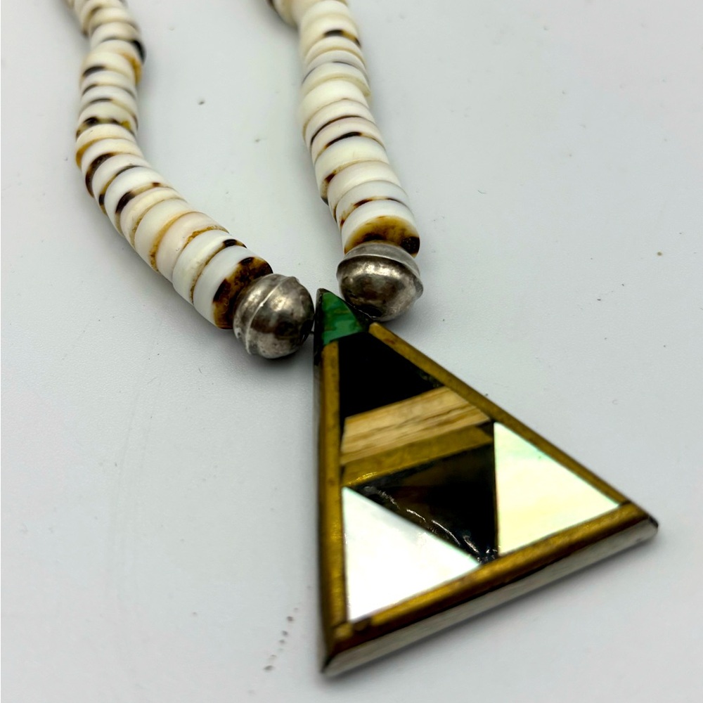 Vtg Heishi Bead Necklace Graduated Shell Jet Pipestone Abalone Silver Pendant